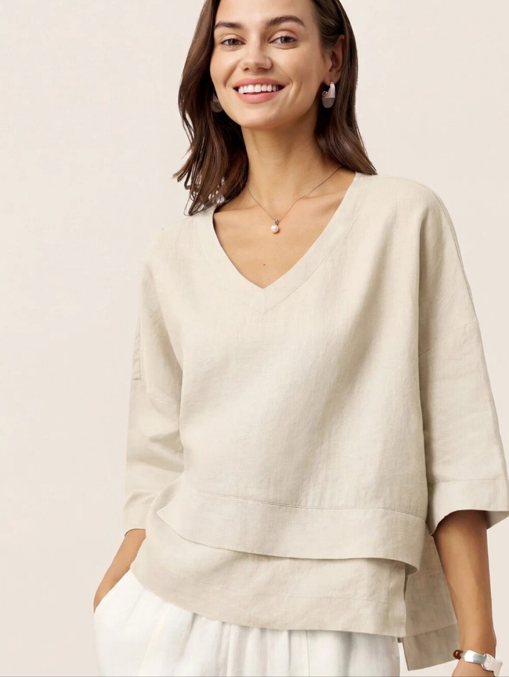 Lintico 100% Linen Drop Shoulder Asymmetric Layered Hem Overtop VIOLA Sz M Beige